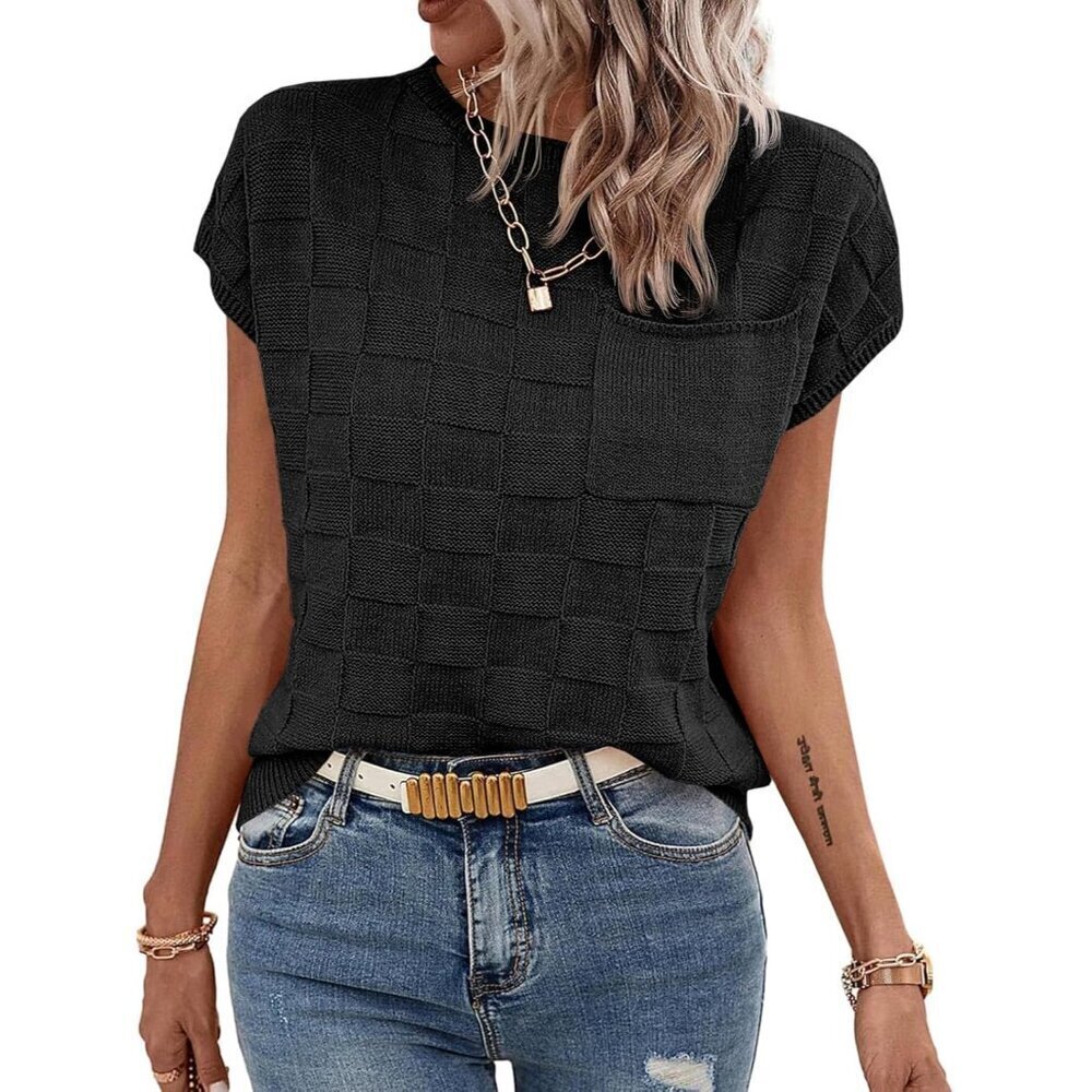 Womens Checkered Knit Sleeveless Sweater Casual Loose Fit Top X-Large